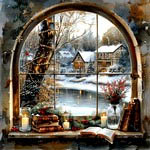 Christmas Window Magnet (Cabin with snow and lake)